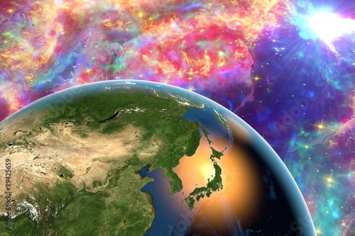 Tableau sur toile The Earth from space showing Japan on surrealistic background with galaxies, ele