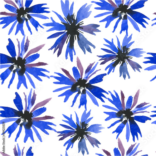 Seamless watercolor background of cornflowers. Blue wild flowers hand painting. Rural motifs. © monamonash