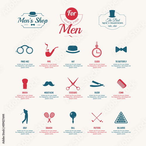 Gentleman infographics set. Vector Illustration blue & red.
