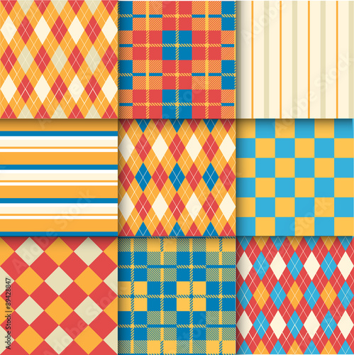 Set of seamless backgrounds with pattern striped, chess, checker