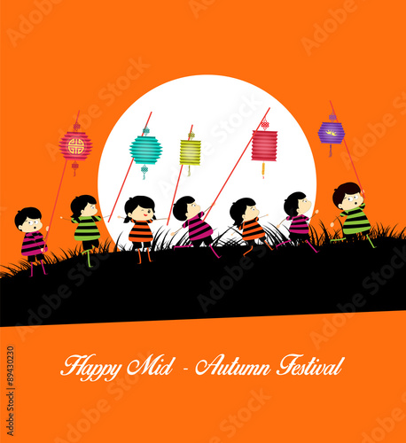 Mid Autumn Festival background with kids playing lanterns