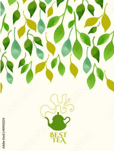 Vector beautiful illustration with teapots logo on leaf backgrou