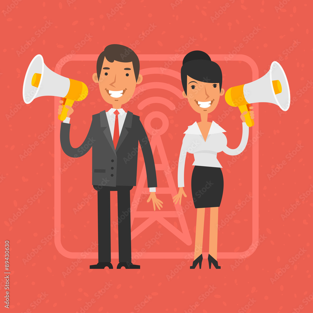 Businessman and businesswoman holding megaphone and smile