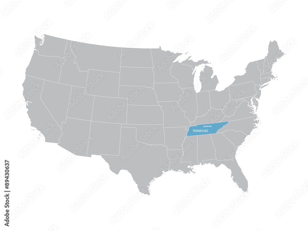 grey vector map of United States with indication of Tennessee