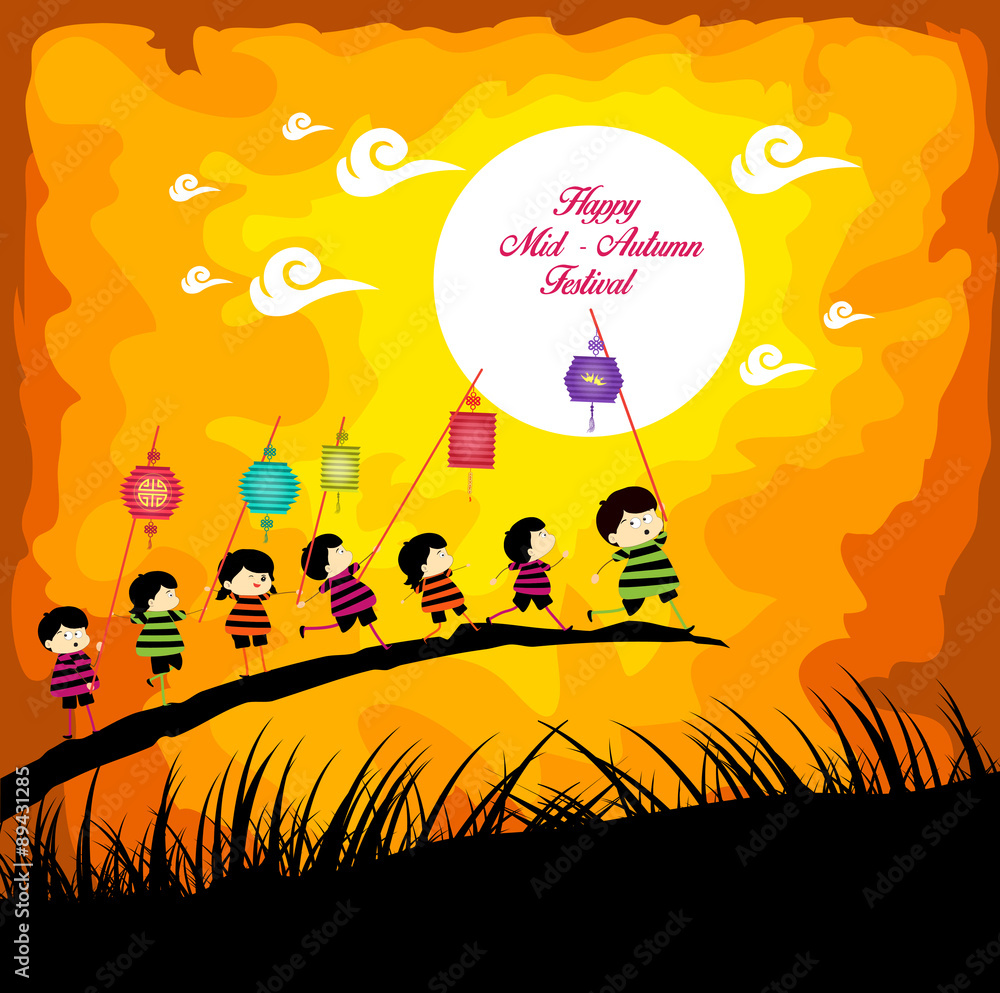 Mid Autumn Festival background with kids playing lanterns Stock Vector ...