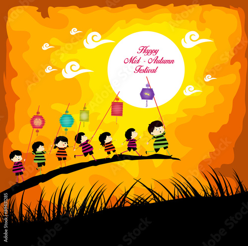 Mid Autumn Festival background with kids playing lanterns