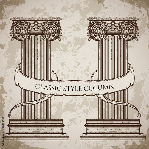 Antique and baroque classic style column and ribbon banner vector set. Vintage architectural details design elements on grunge background in sketch style