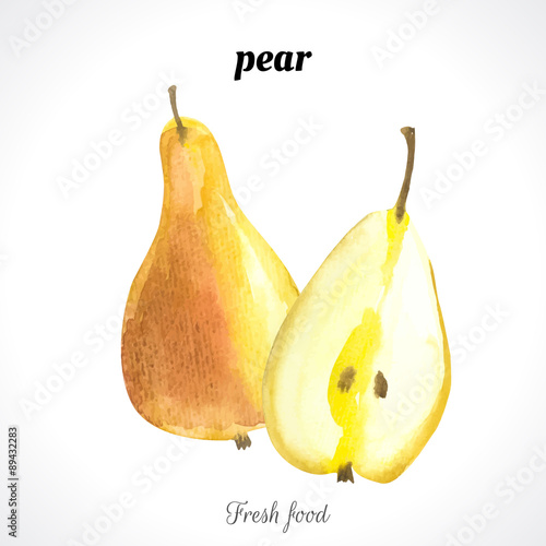 Watercolor pear. Provencal style. Recent watercolor paintings of organic food. Fresh fruit.