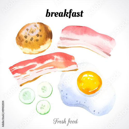 Watercolor illustration of a painting technique. Fresh organic food. Set meal for breakfast: scrambled eggs, biscuits, bacon and cucumber.