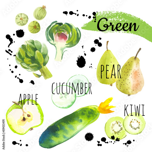 Vector Illustration with only green fruits & vegetables.