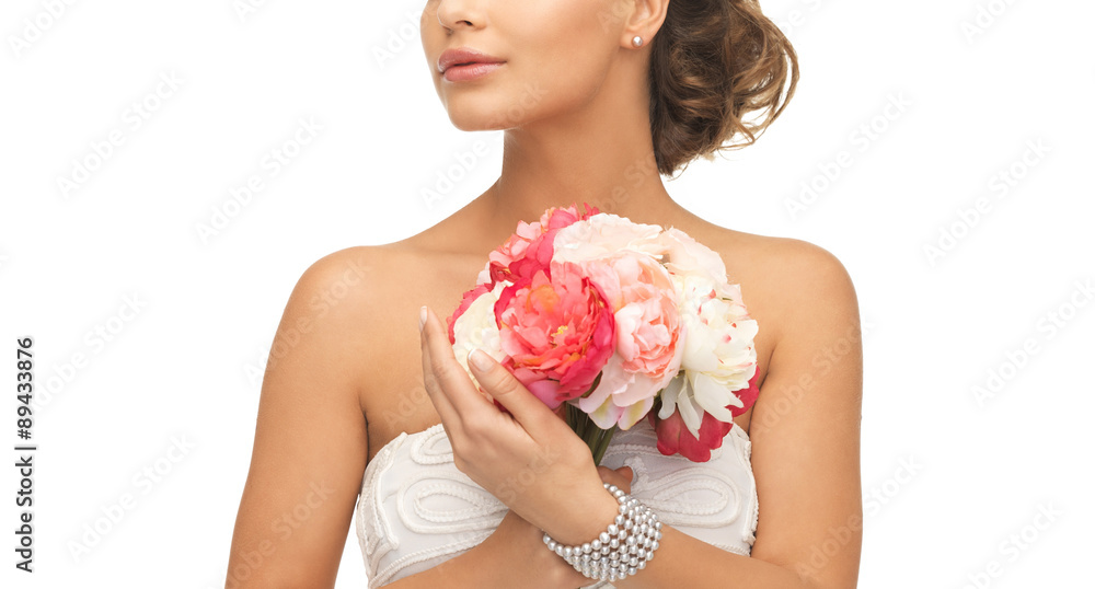 woman with bouquet of flowers woman with bouquet of flowers