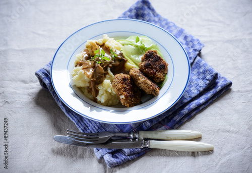 Kartoffelpüree, Frikadelle und Gurkensalat , vegan photo