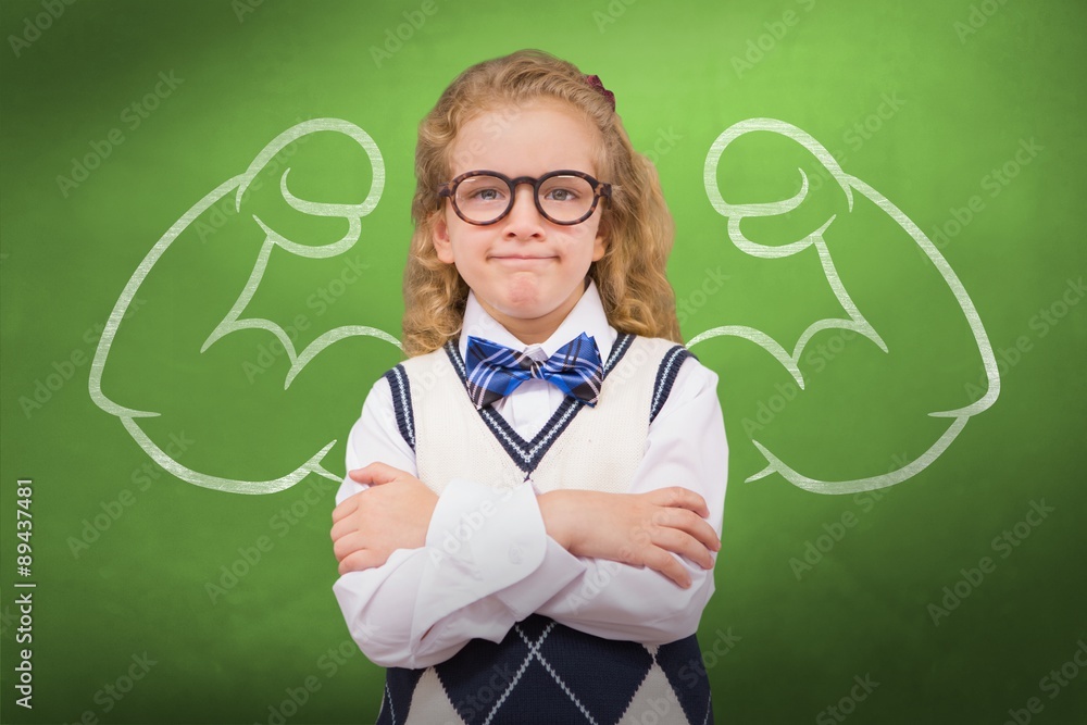 Composite image of cute pupil with arms crossed
