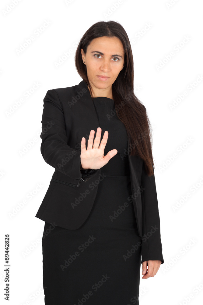Beautiful woman doing different expressions in different sets of clothes: stop sign Beautiful woman doing different expressions in different sets of clothes: stop sign