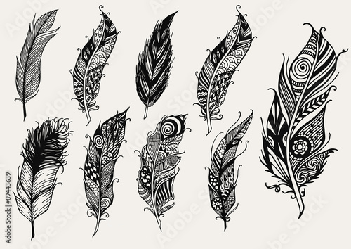 Set of hand drawn rustic decorative feathers
