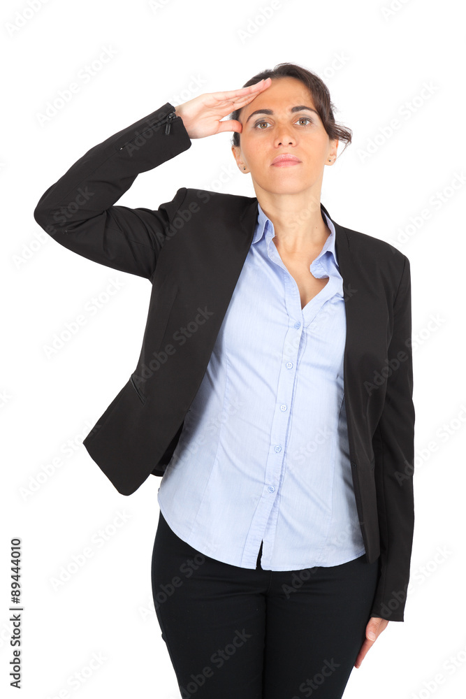 Beautiful woman doing different expressions in different sets of clothes: at attention Beautiful woman doing different expressions in different sets of clothes: at attention