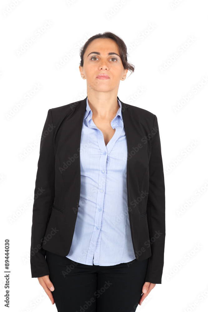 Beautiful woman doing different expressions in different sets of clothes: at attention Beautiful woman doing different expressions in different sets of clothes: at attention
