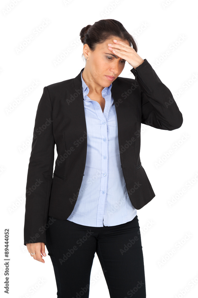 Beautiful woman doing different expressions in different sets of clothes: headache Beautiful woman doing different expressions in different sets of clothes: headache