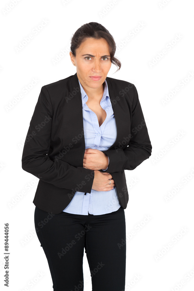Beautiful woman doing different expressions in different sets of clothes: stomachache Beautiful woman doing different expressions in different sets of clothes: stomachache