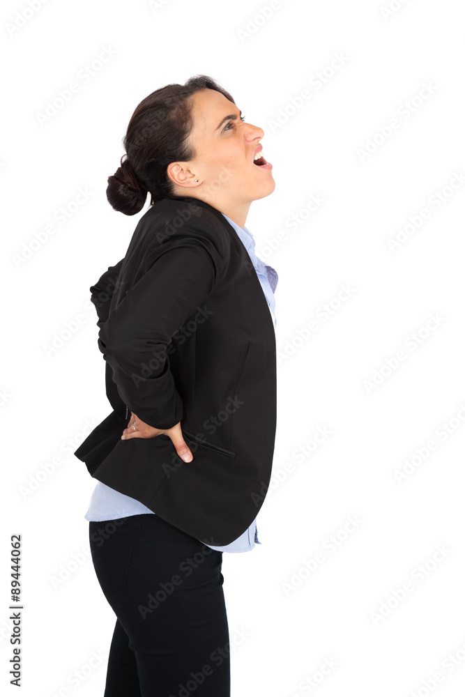 Beautiful woman doing different expressions in different sets of clothes: backache Beautiful woman doing different expressions in different sets of clothes: backache