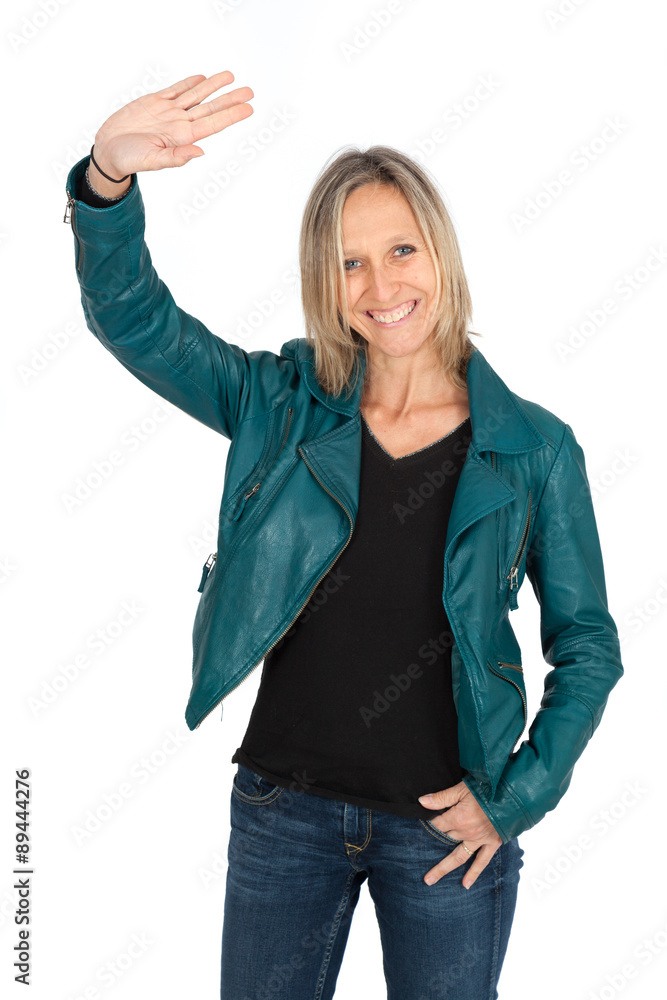 Beautiful woman doing different expressions in different sets of clothes: waving Beautiful woman doing different expressions in different sets of clothes: waving