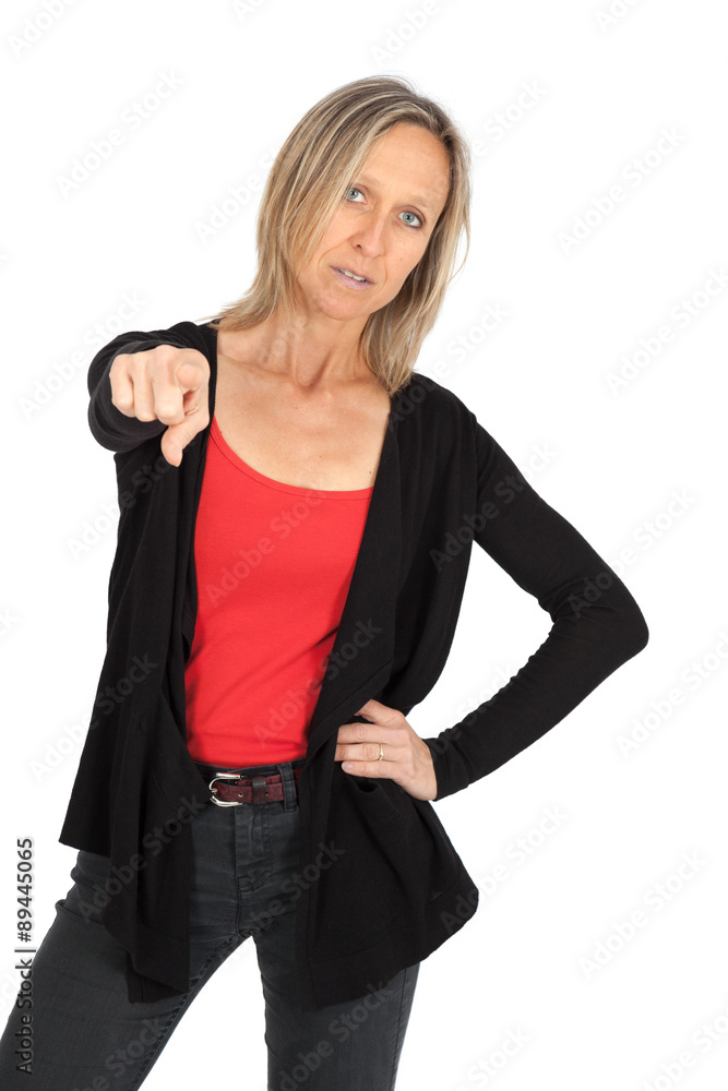 Beautiful woman doing different expressions in different sets of clothes: pointing