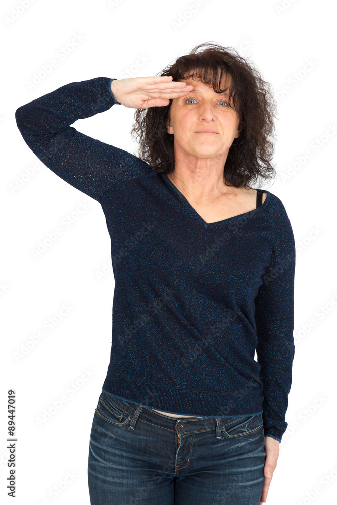 Beautiful woman doing different expressions in different sets of clothes: at attention Beautiful woman doing different expressions in different sets of clothes: at attention