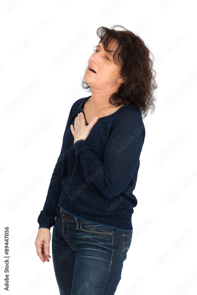 Obraz premium Beautiful woman doing different expressions in different sets of clothes: heart attack