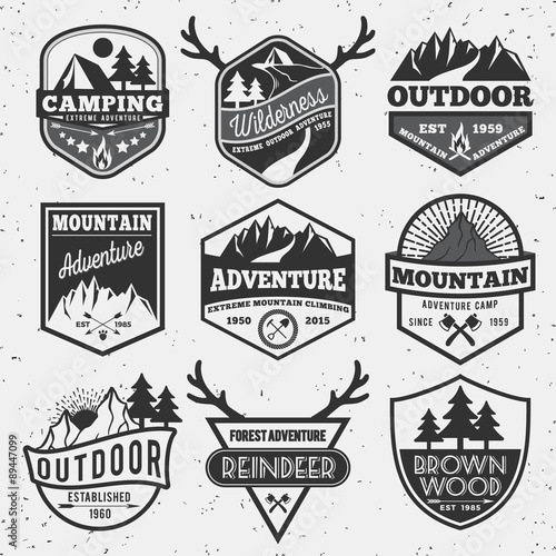 Set of monochrome outdoor camping adventure and mountain badge logo, emblem logo, label design
