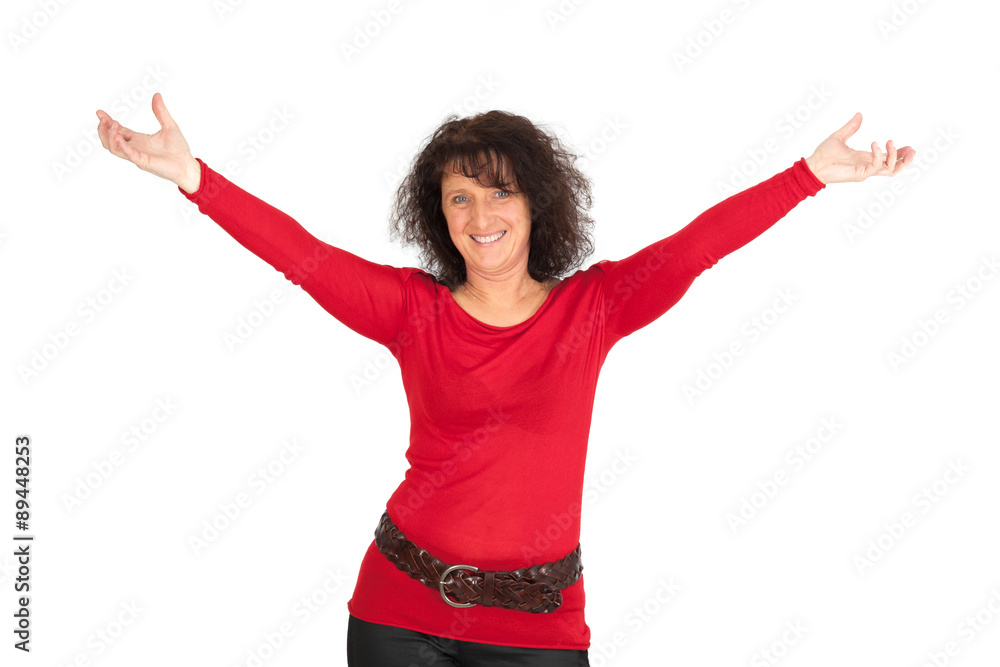 Beautiful woman doing different expressions in different sets of clothes: joy Beautiful woman doing different expressions in different sets of clothes: joy