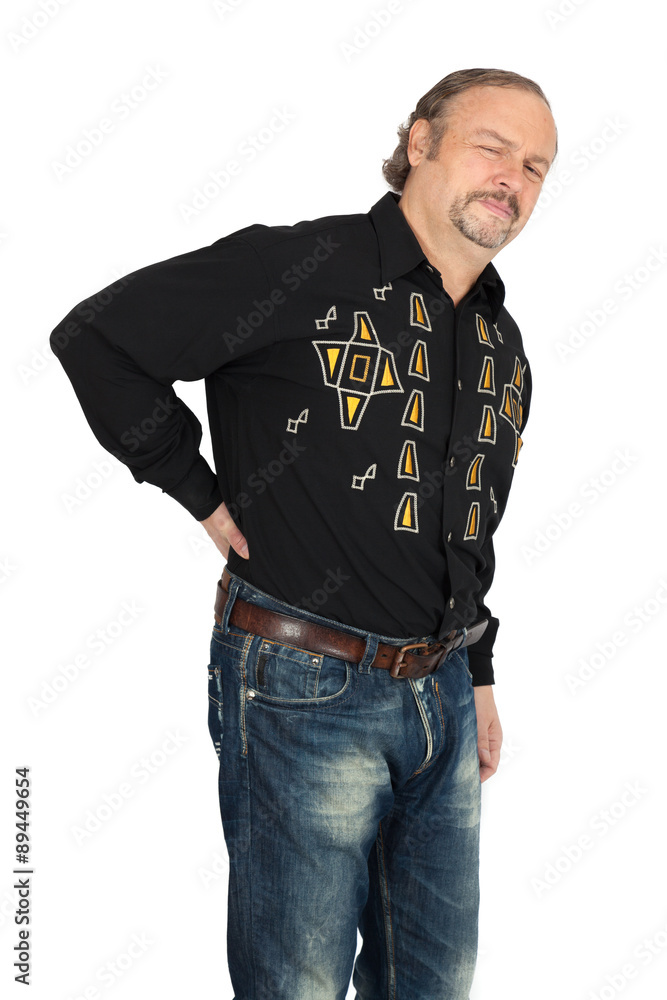 Fototapeta premium Handsome man doing different expressions in different sets of clothes: backache