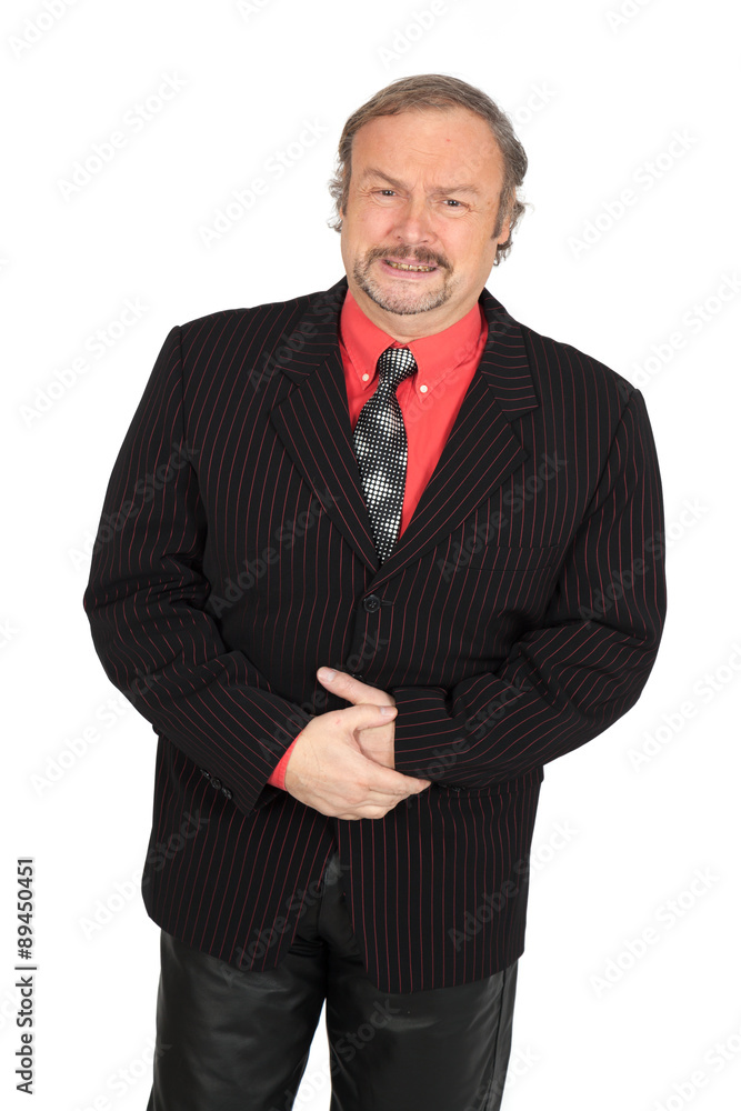 Handsome man doing different expressions in different sets of clothes: stomachache Handsome man doing different expressions in different sets of clothes: stomachache
