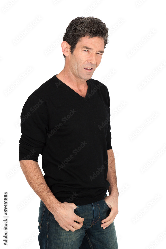 Fototapeta premium Handsome man doing different expressions in different sets of clothes: blinking