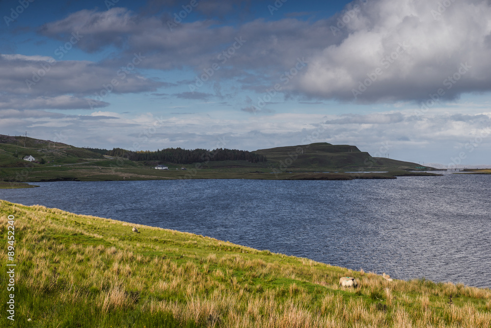 Meadows and lake in Skye island, Scotland Meadows and lake in Skye island, Scotland