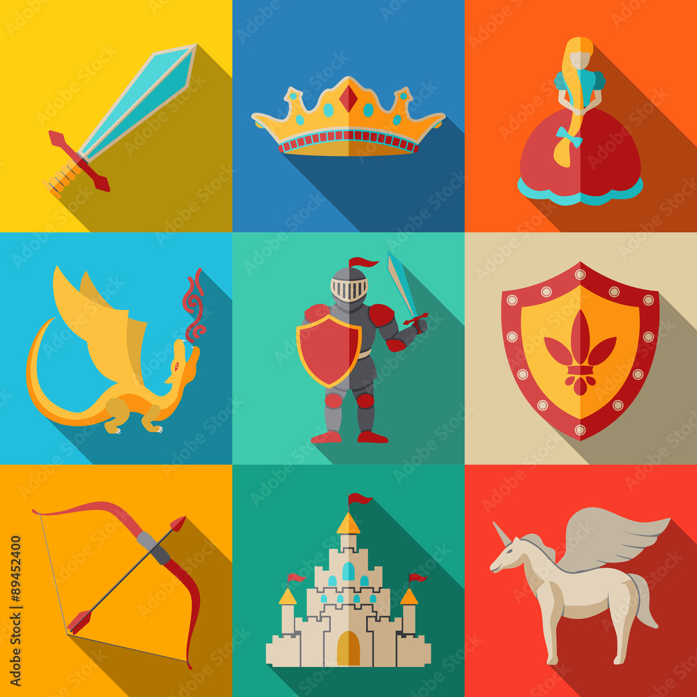 Flat icons set, fairytale, game - sword, bow, shield, knight
