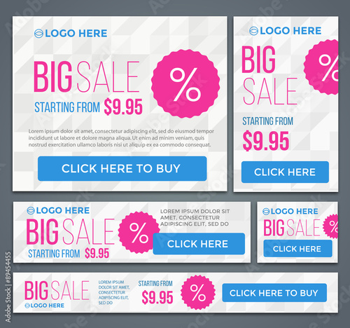 Big, half price and one day sale banners. Vector.