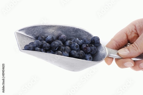 Hand holding a scoop of blueberries