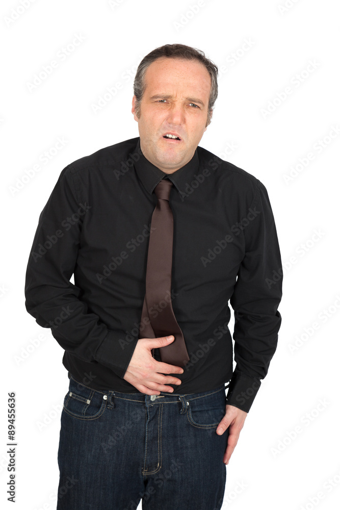 Handsome man doing different expressions in different sets of clothes: stomachache Handsome man doing different expressions in different sets of clothes: stomachache
