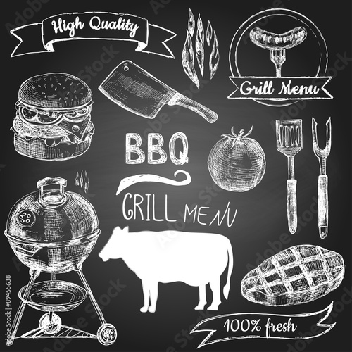 Set of hand drawn grill menu elements