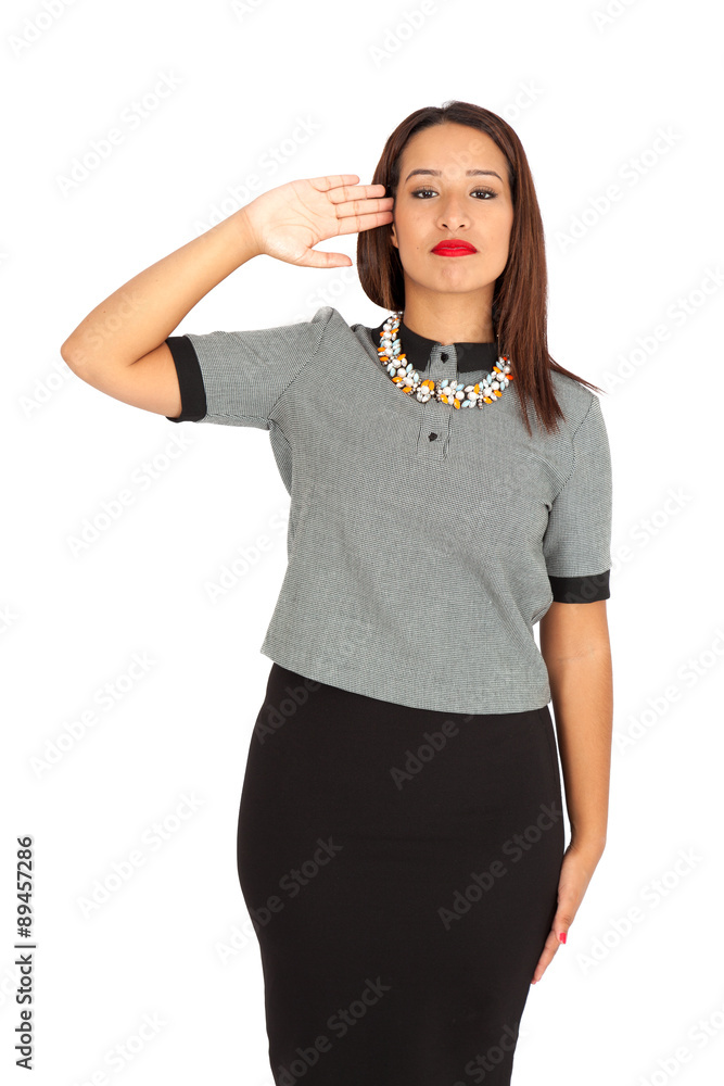 Beautiful woman doing different expressions in different sets of clothes: at attention Beautiful woman doing different expressions in different sets of clothes: at attention