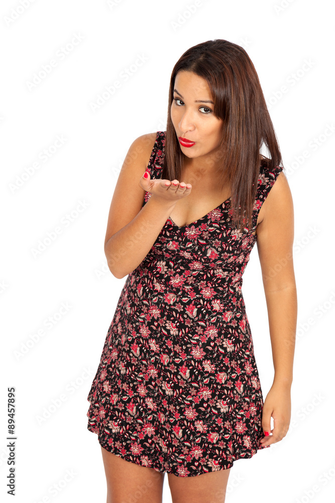 Beautiful woman doing different expressions in different sets of clothes: kiss Beautiful woman doing different expressions in different sets of clothes: kiss