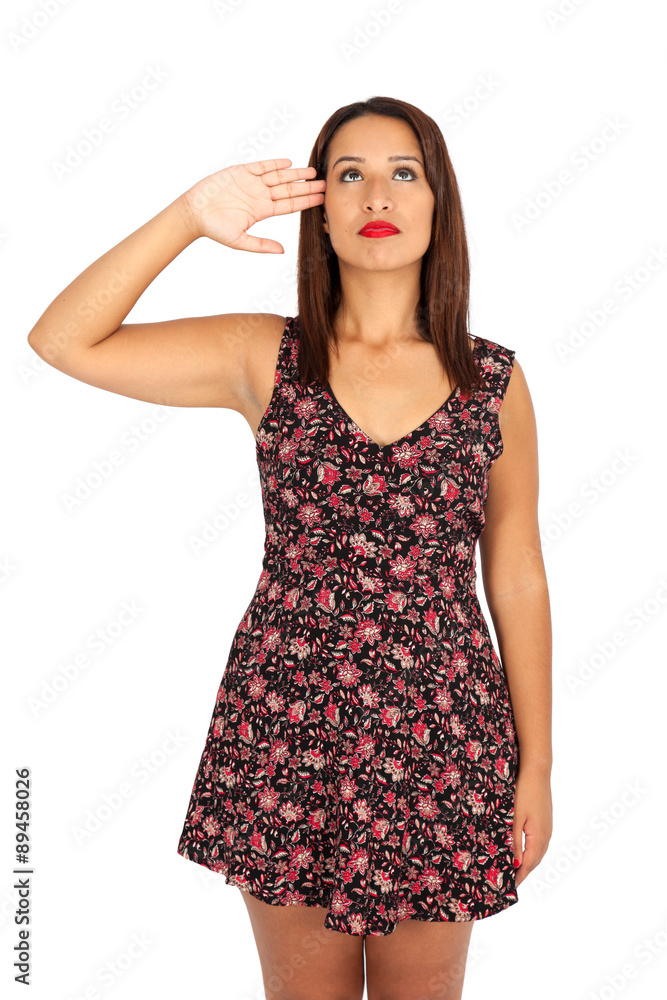 Beautiful woman doing different expressions in different sets of clothes: at attention Beautiful woman doing different expressions in different sets of clothes: at attention
