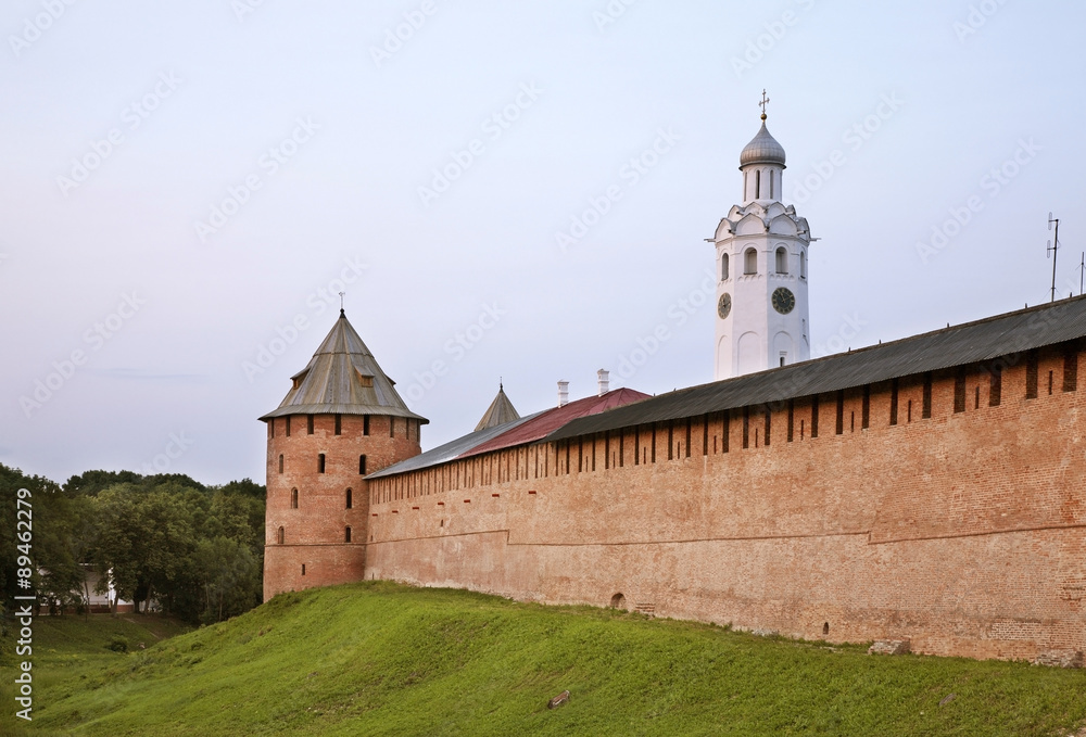 Metropolitan and Clock Tower in Novgorod the Great (Veliky Novgorod). Russia