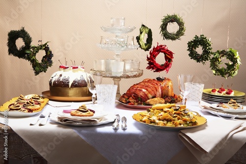 Christmas buffet with hanging spice wreaths