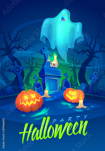 Spooky graveyard. Halloween cardposter. Vector illustration.