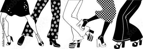 Black vector silhouette of legs of people dancing disco, no white objects, EPS 8