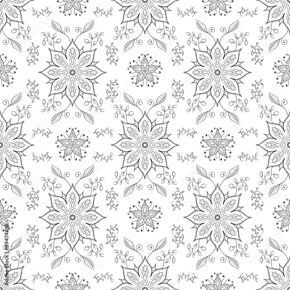 Seamless texture with symmetrical black and white floral ornamen Seamless texture with symmetrical black and white floral ornamen