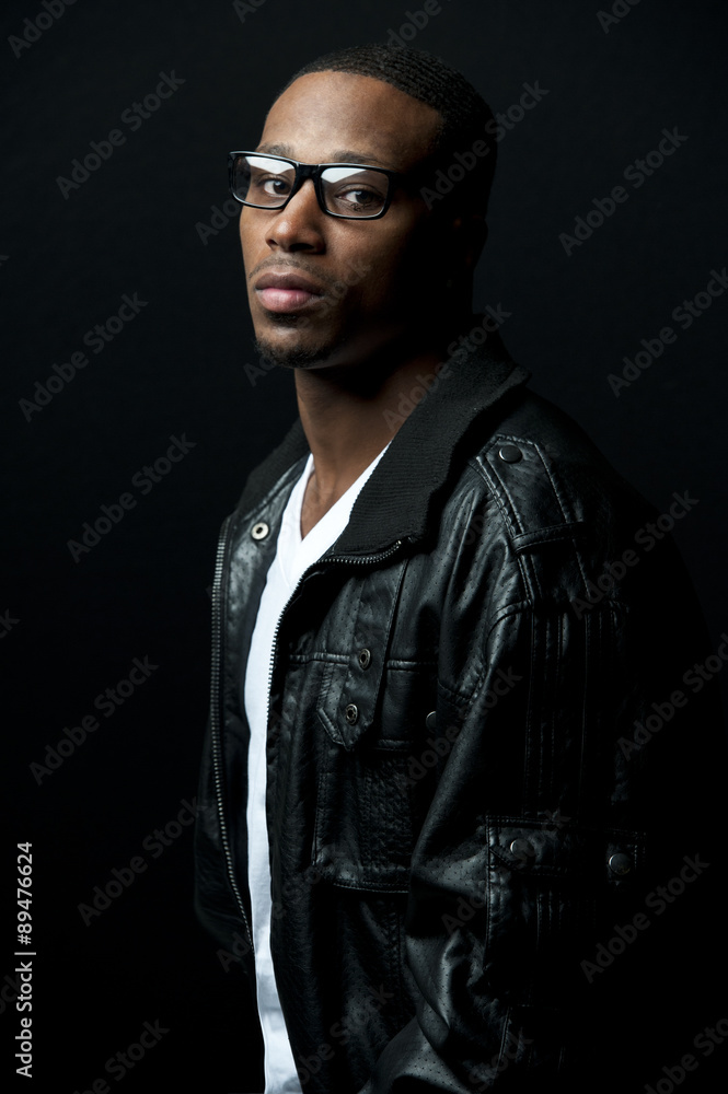 Black Man Leather Jacket with Glasses Black Man Leather Jacket with Glasses