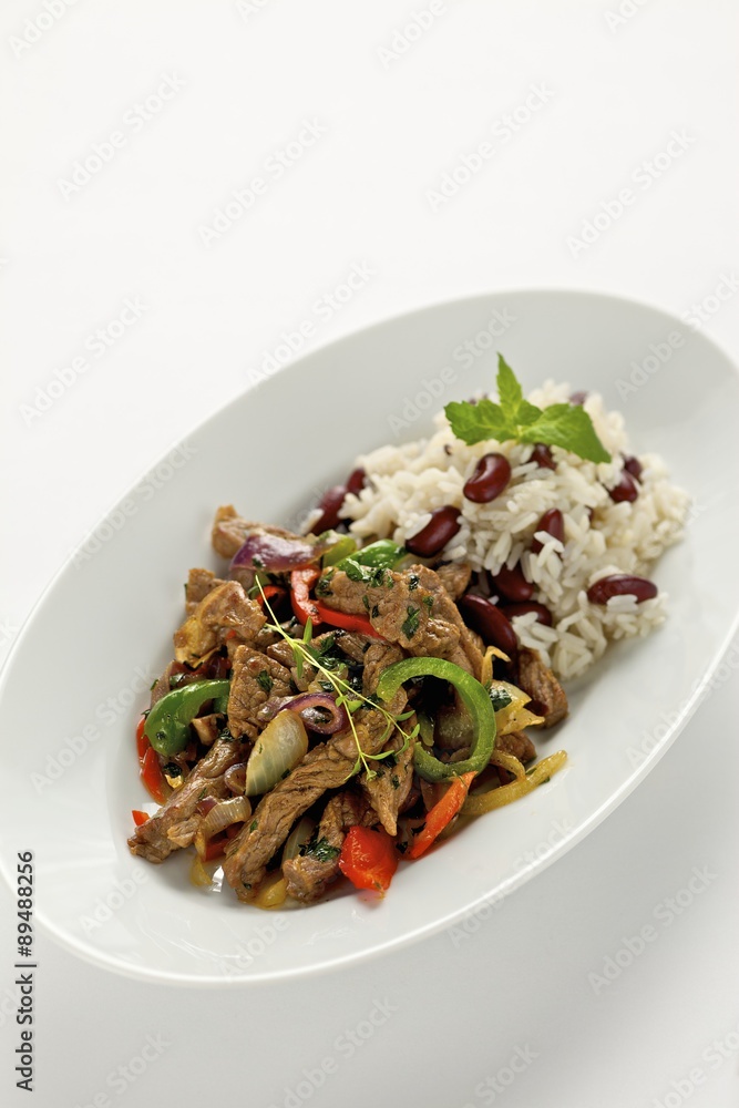 Beef with vegetables, beans and rice Beef with vegetables, beans and rice