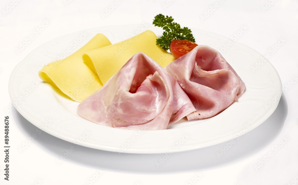 Boiled ham and cheese on plate Boiled ham and cheese on plate